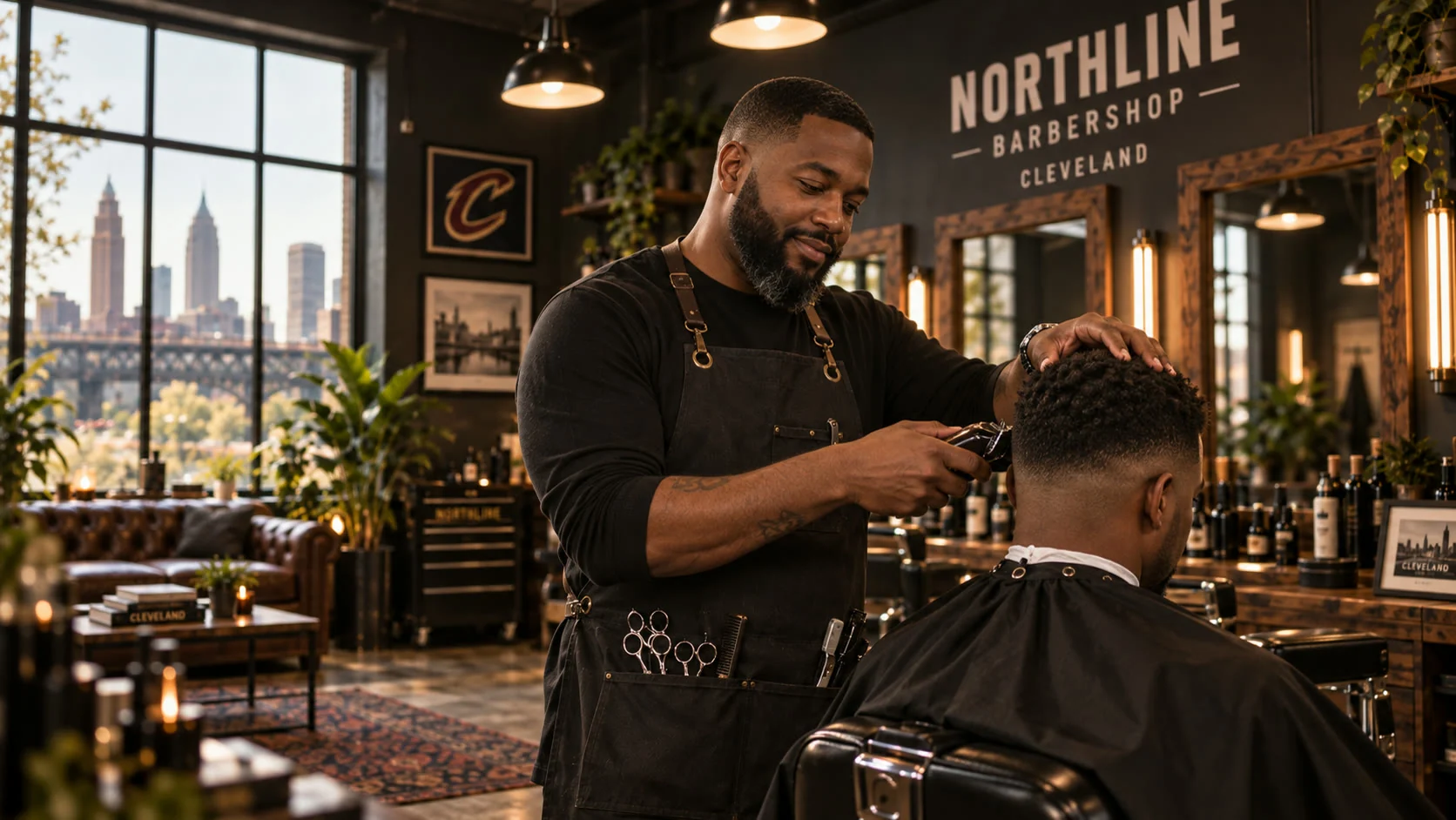 Marcus Hale cutting a client's hair at Northline Barbershop
