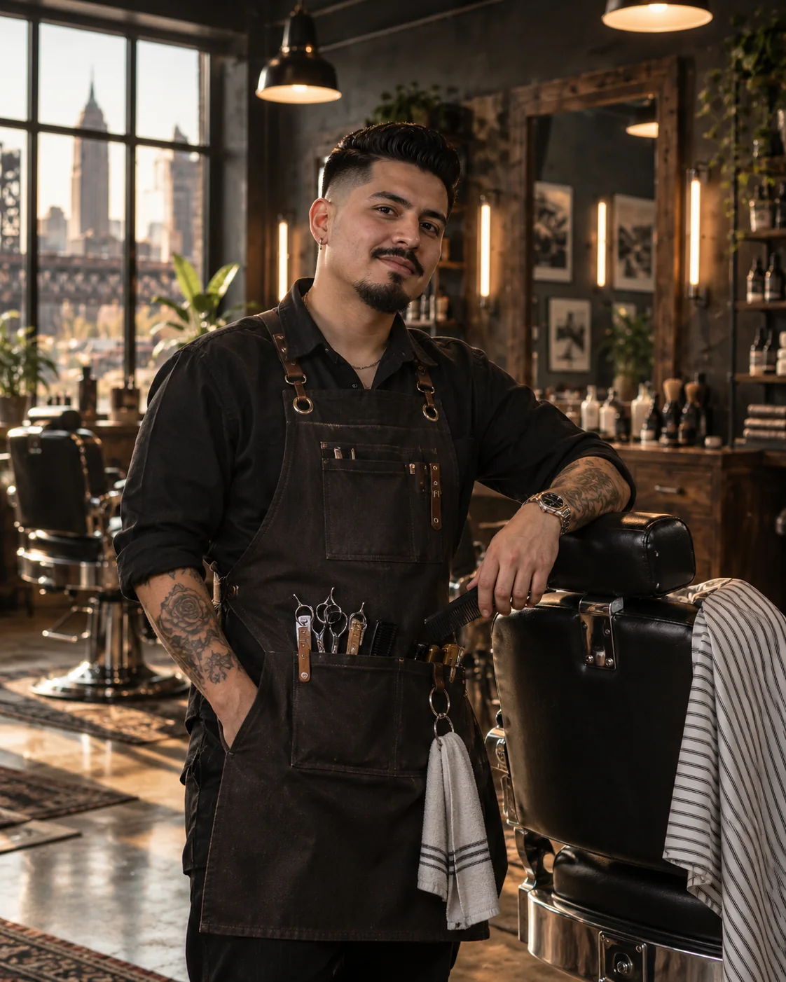 Mateo Cruz beside a barber chair